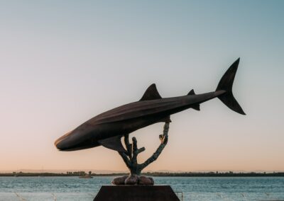 black bird statue on brown wooden table near body of water during daytime